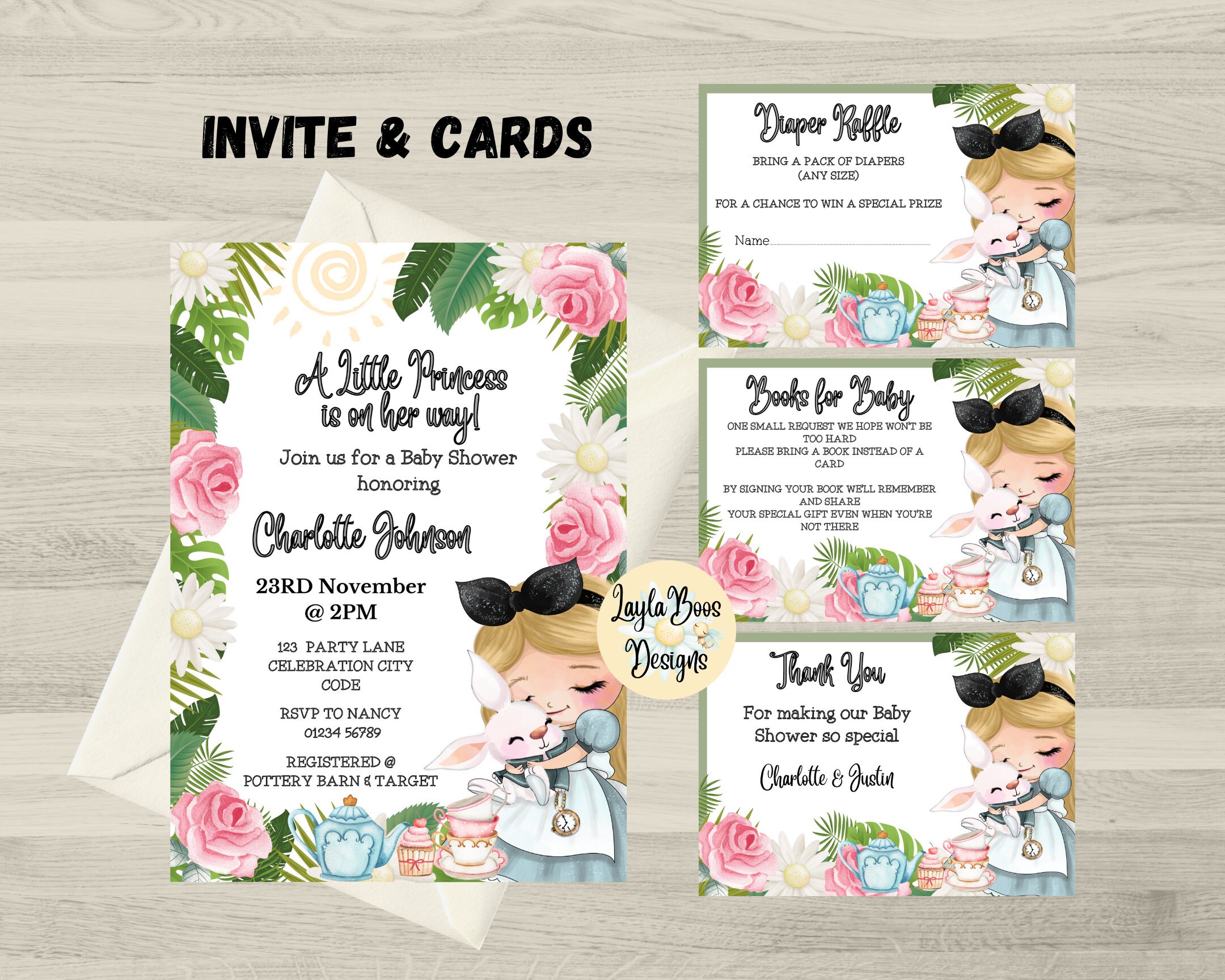 Baby Alice Shower Invitation and Cards, Diaper raffle, Books for Baby, Thank You Card, Alice Baby Shower