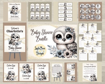 Pacchetto completo di modelli per baby shower a tema gufo in stile boho, adatti a entrambi i sessi, scaricabili in formato digitale stampabile.