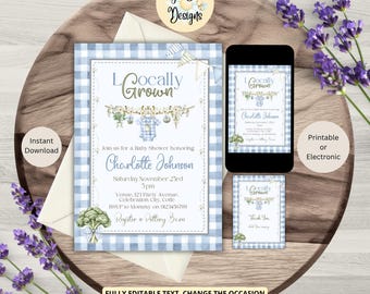 Boys Blue Locally Grown Baby Shower Invitation Template, Printable or Electronic Invite, Digital Download