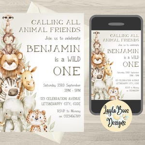 Invitación de primer cumpleaños de animales de la selva: temática de safari (digital)
