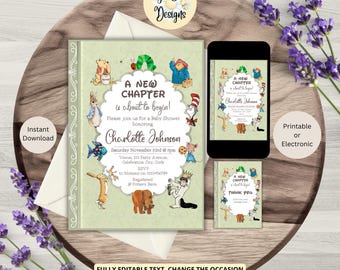 Invito per baby shower "Nuovo capitolo"; Tema fiabesco (Download digitale)