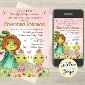 Fairytale Twin Girls Baby Shower Invitation, Shrek Twin Baby Girls Shower Invite, Fiona and Twin Girls Baby Welcome Invite