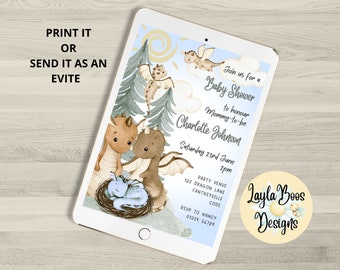 Boys Dragon Baby Shower Invitation: Blue, Mythical, Beige, Clouds, Template (Digital Download)