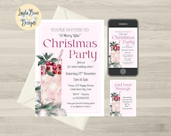 May include: A Christmas party invitation with a watercolor illustration of a cocktail with cranberries. The invitation includes the text "Christmas Party" and event details. A matching digital invitation is also shown.