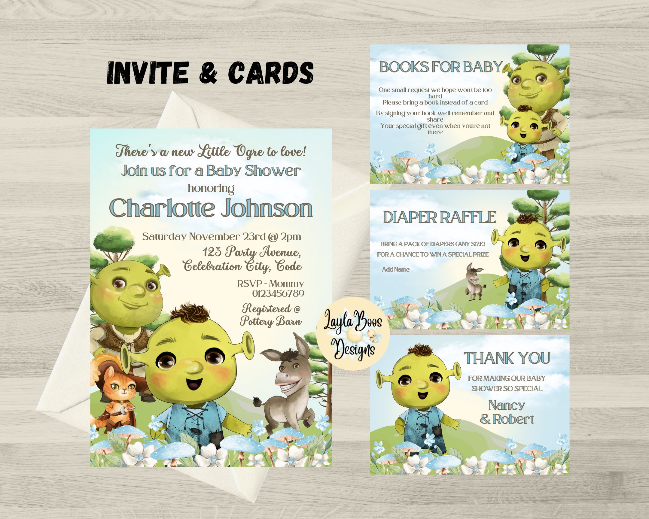 Baby Boys Shrek Shower Invitation and Cards, Shrek Baby Shower Invite and cards, Diaper Raffle, Books For Baby, Thank You Card