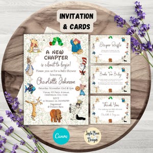 Puede incluir: Juego de invitación y tarjetas para baby shower con ilustraciones de personajes de cuentos de hadas sobre un fondo floral. La invitación dice "A New Chapter is about to begin!". Tarjetas adicionales: rifa de pañales, libros para bebés y notas de agradecimiento.