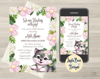 Invito baby shower a tema lupo per bambine: invito per cuccioli del bosco (digitale)