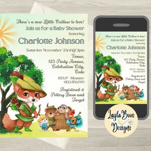 May include: A baby shower invitation with a cartoon fox dressed as Robin Hood. The invitation is for Charlotte Johnson and includes the date, time, venue, and RSVP information. The invitation is decorated with a green and brown forest theme.