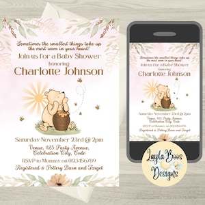 Pinke Winnie Puuh Baby Shower Einladung (Digital Template)