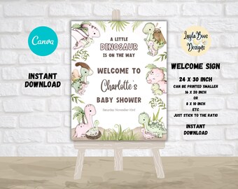 Könnte beinhalten: Willkommensschild für eine Babyparty mit Dinosaurier-Illustrationen und dem Text "A Little Dinosaur Is On The Way". Das Schild ist mit dem Namen "Charlotte's" und dem Datum der Babyparty personalisiert. Größe: 61 x 76 cm.