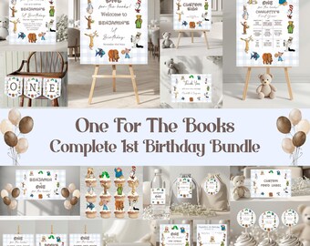 Pacchetto per il primo compleanno a tema personaggi delle fiabe, modelli per feste "One For The Books" per bambini (download digitale)