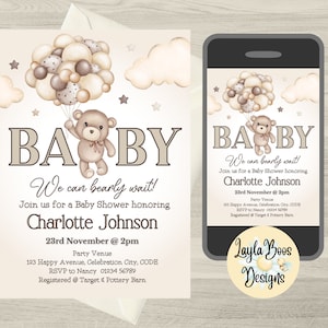 Gender Neutral Bear with Balloons Baby Shower Invitation, We Can Bearly Wait baby Shower Invite, Teddy Bear Baby Shower Invitation