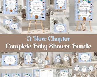 Kit per baby shower "Blue New Chapter", invito con personaggi delle fiabe per bambini (download digitale)