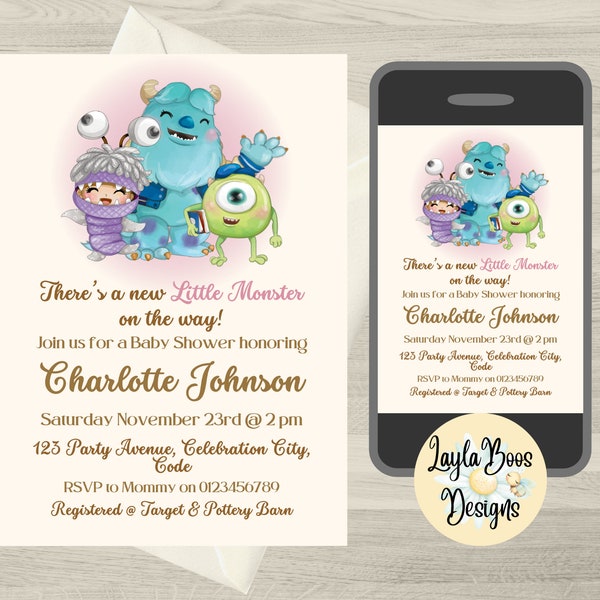 Girls Monster Baby Shower Invitation, Monsters Inc Baby Shower Invitation, Printable or Digital Invite