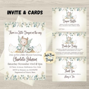 Paquete de invitaciones para baby shower de dragón de género neutro, baby shower de dragón, rifa de pañales, libros para bebé, tarjeta de agradecimiento, invitación de bebé dragón
