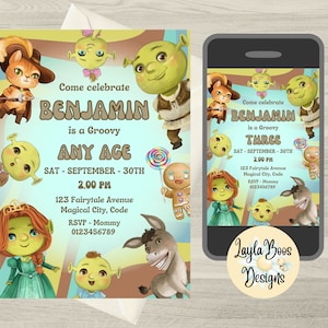 Boys Groovy Shrek Birthday Invitation, Shrek Mobile Text Invite, Shrek Printable Invite, Shrek Invitation