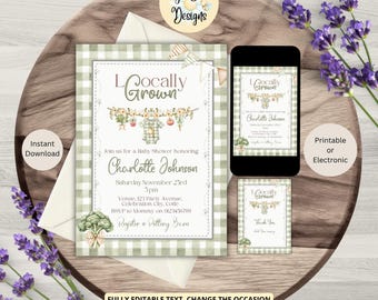 Green Locally Grown Baby Shower Invitation Template, Printable or Electronic Invite, Digital Download