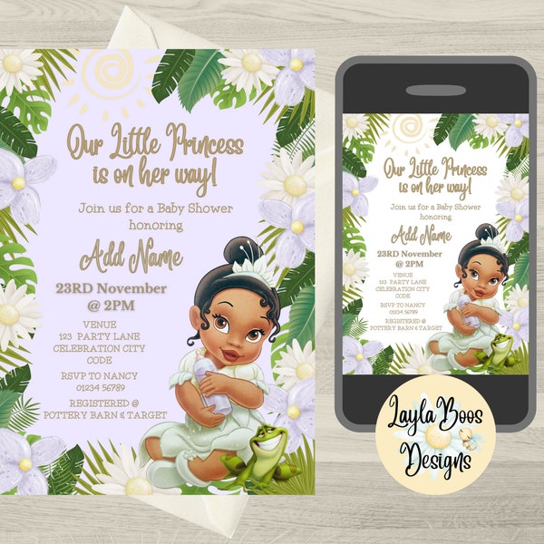 Tiana Baby Shower Invitation, Princess and Frog Baby Shower Invite, Tanned Girls Baby Shower, Dark Skinned Baby Shower