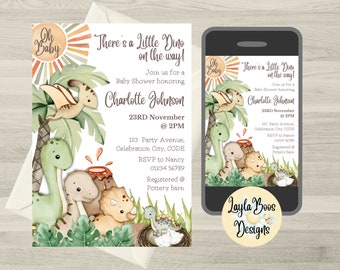 May include: A baby shower invitation with a watercolor illustration of dinosaurs in a jungle setting. The invitation says "There's a Little Dino on the way!" and includes the name Charlotte Johnson, the date 23rd November, and the time 2 PM. The invitation also includes the address 123 Party Avenue, Celebration City, CODE, and the RSVP information: RSVP to Nancy 01234 56789. The invitation also says "Registered @ Pottery barn".