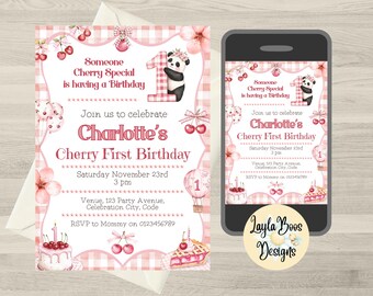 Cherry Panda First Birthday Invitation: Editable Digital Template
