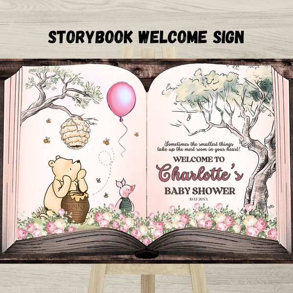 Girls Classic Winnie The Pooh Storybook Welcome Sign, Pink Winnie Welcome Sign, Girls Winnie Baby Shower Welcome