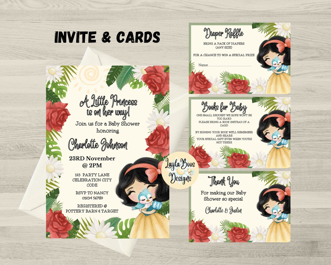 Snowhite Raffle Snow White Baby Shower Invitation Set: Diaper Raffle, Books for Baby ...