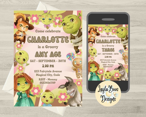 Girls Groovy Shrek Birthday Invitation: Mobile Text Invite (Digital Template)