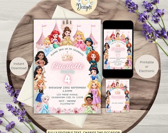 Trendy Watercolor Princess Birthday Invitation Template, Printable or Electronic Invite, Digital Download