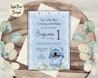 Stitch Birthday Invitation: Boys, Blue, 1st, First, One, Canva, (Digital Template)