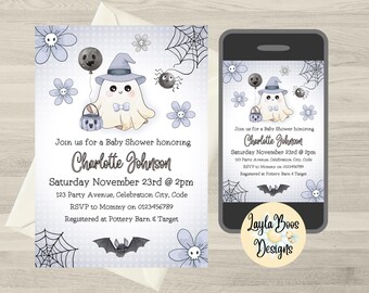 Blur Little Boo Baby Shower Invitation, Boys Halloween Baby Shower Invite (Digital Download)