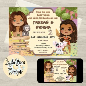 Tarzan und Moana Zwilling Geburtstagseinladung, Tarzan Geschwister Geburtstagseinladung, gemeinsame Geburtstag Moana Invite