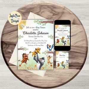 May include: Baby shower invitation set featuring a design with characters from a popular animated film. The invitation includes the text "Join us for a Baby Shower honoring Charlotte Johnson" and event details. A matching phone screen and thank you card are also included.