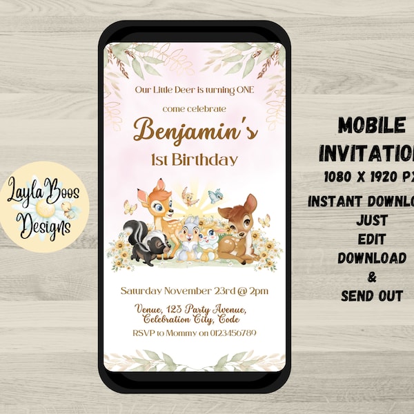 Girls Pink Bambi Mobile Text Birthday Invite, Girls Bambi Electronic Invitation, Bambi Birthday Invitation, Girls Bambi Birthday