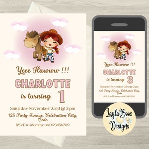 Girls Toy Story Birthday Invitation, Pink Toy Story Invite, Jessie Invitation, Cowgirl Invitation