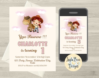 Toy Story Geburtstagseinladung, rosa Cowgirl Jessie (Digitale Vorlage)