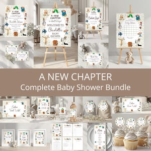 May include: A complete baby shower bundle with a whimsical theme. The set includes signs, labels, and cupcake toppers, all featuring illustrations of storybook characters. The text "A New Chapter" and "Welcome to Charlotte's Baby Shower" are displayed.