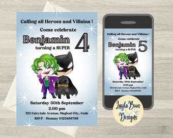 Invitación de cumpleaños de héroes y villanos: invitación de superhéroe (plantilla digital)