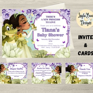 Invitation mignonne de douche de princesse et de grenouille, tombola de couches, livres pour bébé, carte de remerciement, paquet d’invitation de douche de bébé à la peau bronzée