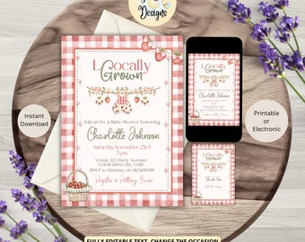Girls Strawberry Locally Grown Baby Shower Invitation Template, Printable or Electronic Invite, Digital Download