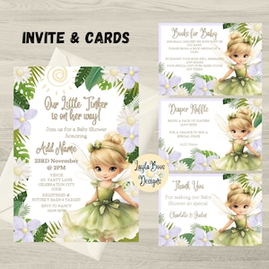Invitación y tarjetas para baby shower de Campanilla: Rifa de pañales, Libros para bebé (Descarga digital)