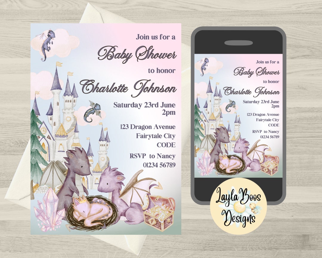 Girls Pink Dragon Baby Shower Invitation, Pink Baby Dragon Shower