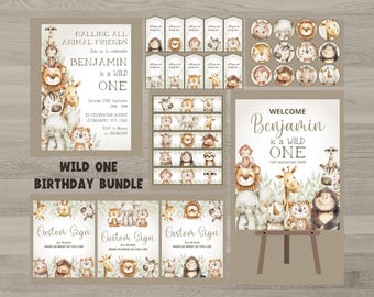 May include: A printable wild one birthday party bundle with a jungle animal theme. The bundle includes a welcome sign, invitation, and custom signs. The signs feature a variety of jungle animals, including a lion, giraffe, monkey, zebra, and elephant. The colours are brown, green, and beige.
