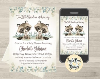 Faire-part pour baby shower de jumeaux ratons laveurs : faire-part texte sur mobile (modèle numérique uniquement)