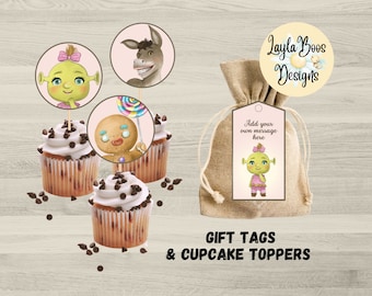 Girls Shrek Birthday Party Decor: Cupcake & Thank You Tags (Digital Download)