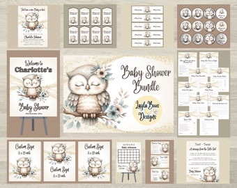 May include: A baby shower bundle with a woodland owl theme. The bundle includes a welcome sign, custom signs, favor tags, game cards, and a thank you card. The owl is brown and gray with blue accents and is sitting on a branch with flowers.