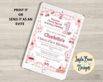 Cherry First Birthday Invitation: Sweet 1st Birthday Evite (Digital Template)