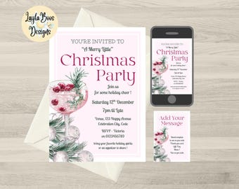 May include: A set of Christmas party invitations with a matching phone screen and gift tag. The main invitation is pink with text and a cocktail illustration. The phone screen and gift tag mirror the design.