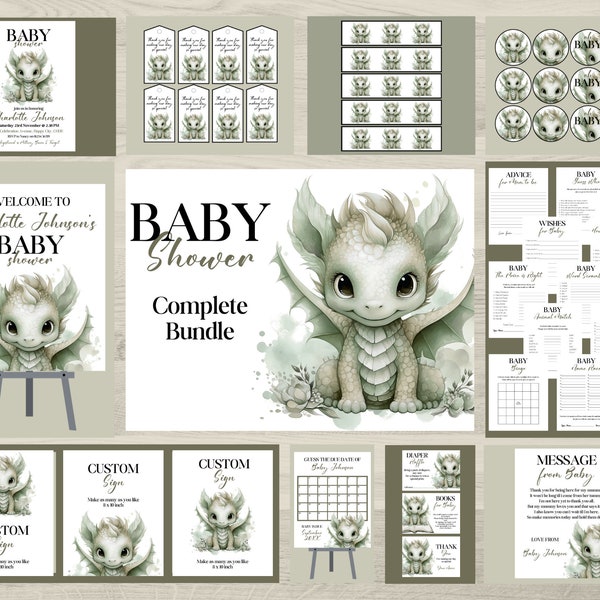 Sage Green Dragon Baby Shower Bundle (Digital Download)