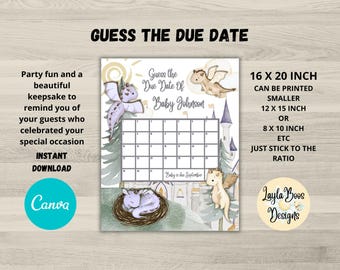 May include: A printable baby shower game with a calendar grid to guess the due date. The design features watercolor dragons, a castle, and the text "Guess the Due Date of Baby Johnson." The size is 16 x 20 inches.