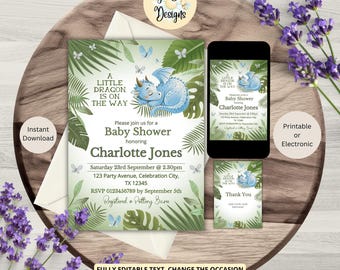 Blue Dragon Greenery Baby Shower Invitation and Favour Tag: Printable or Electronic, Digital Download